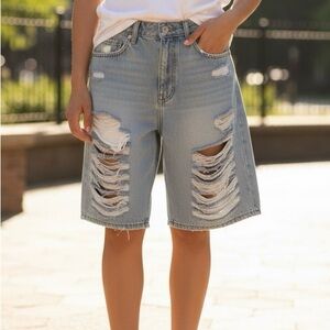 Forever 21 Distressed Jean Shorts - Light Blue